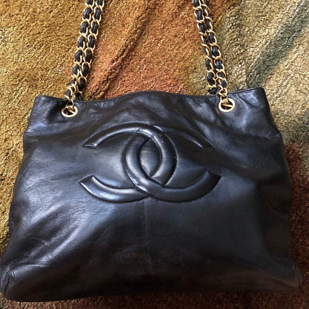 Chanel black with gold & black straps lamb leather